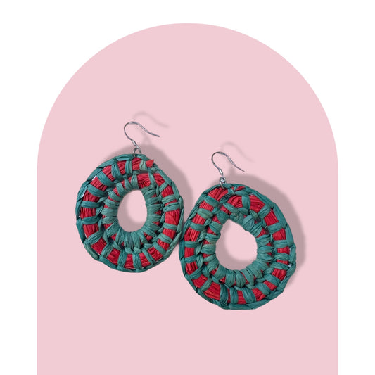 Woven Earrings- Aqua & Red